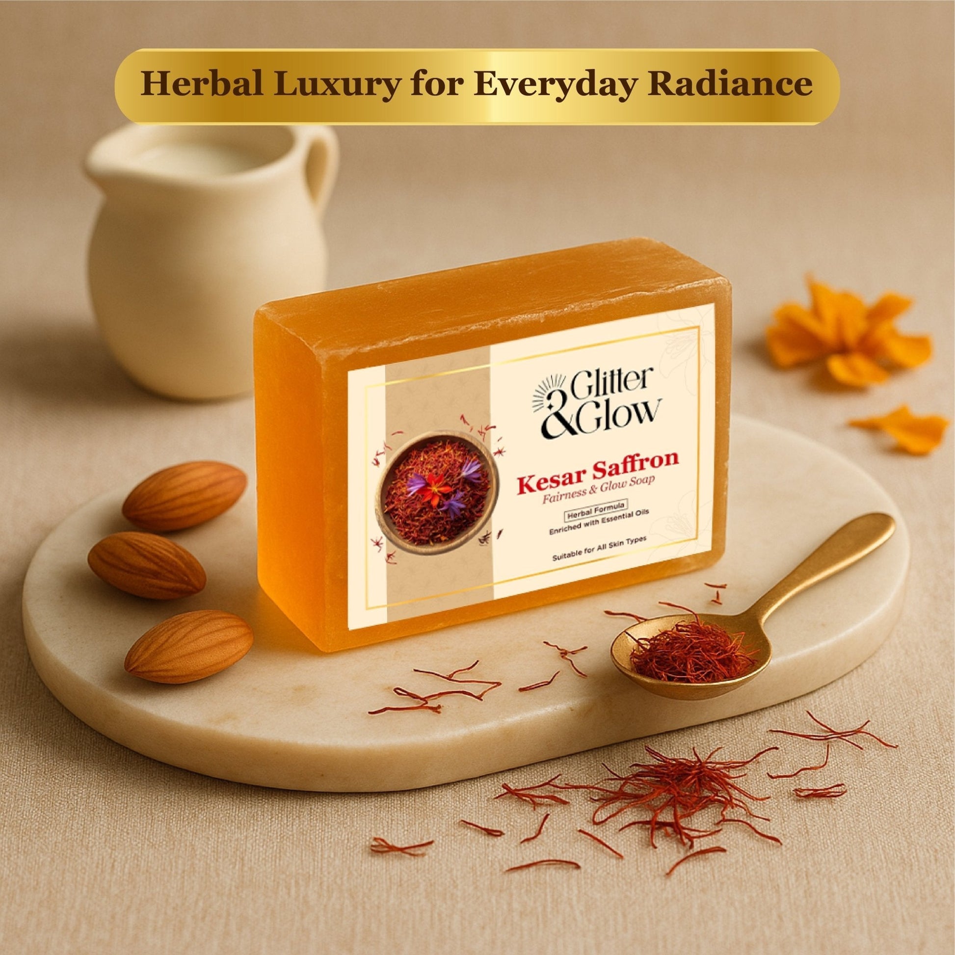 Kesar Saffron Glow Soap – Herbal Brightening Bar - Glitter and Glow