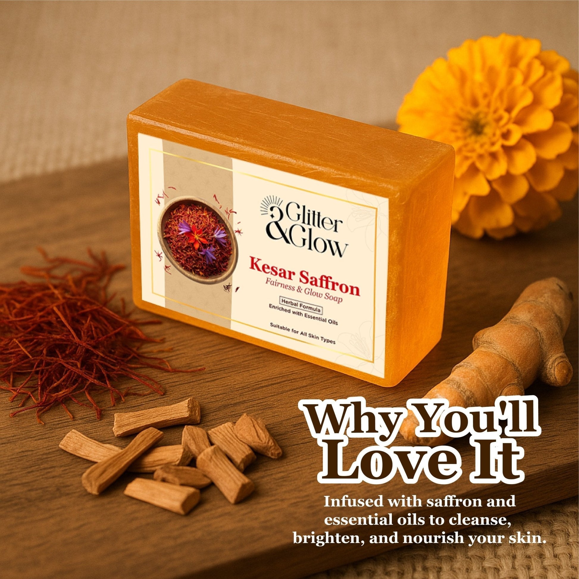 Kesar Saffron Glow Soap – Herbal Brightening Bar - Glitter and Glow