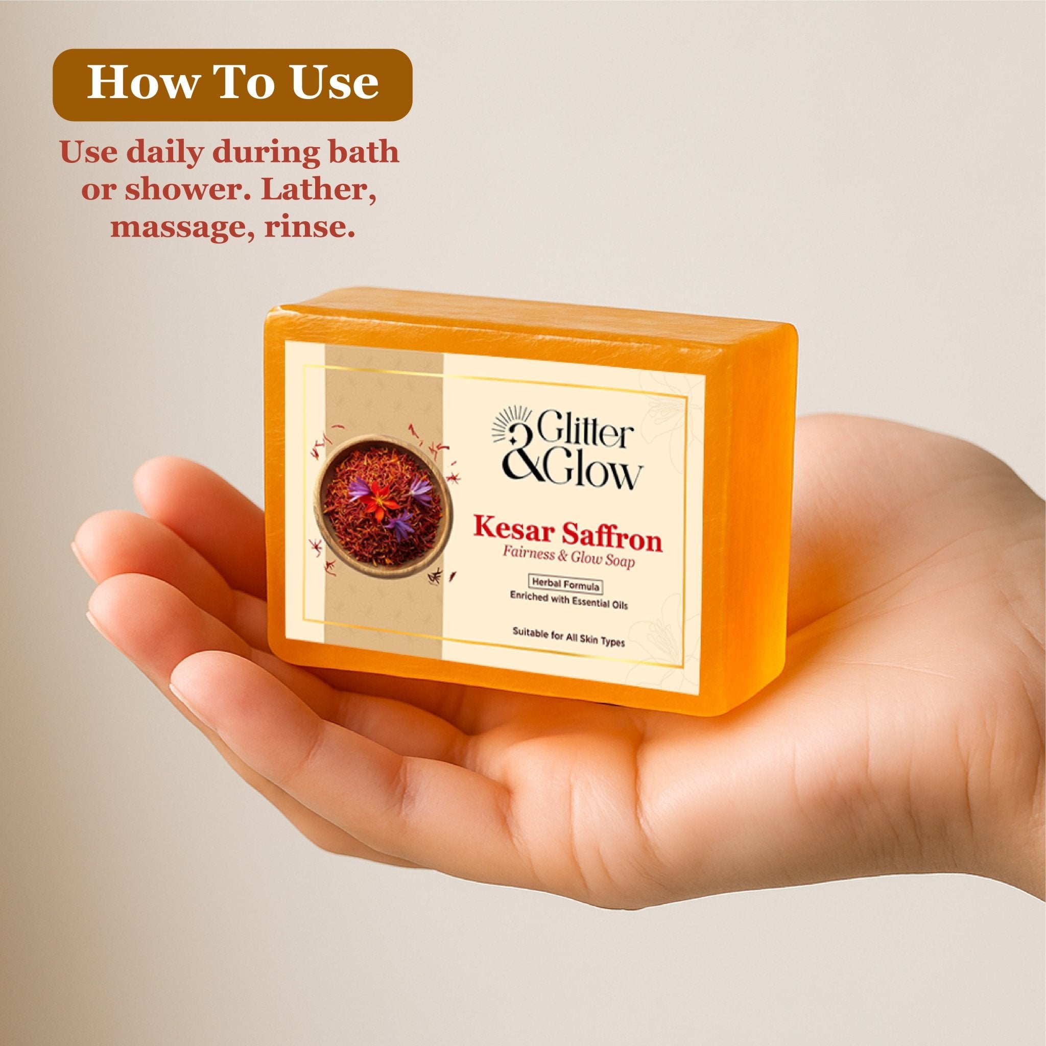 Kesar Saffron Glow Soap – Herbal Brightening Bar - Glitter and Glow