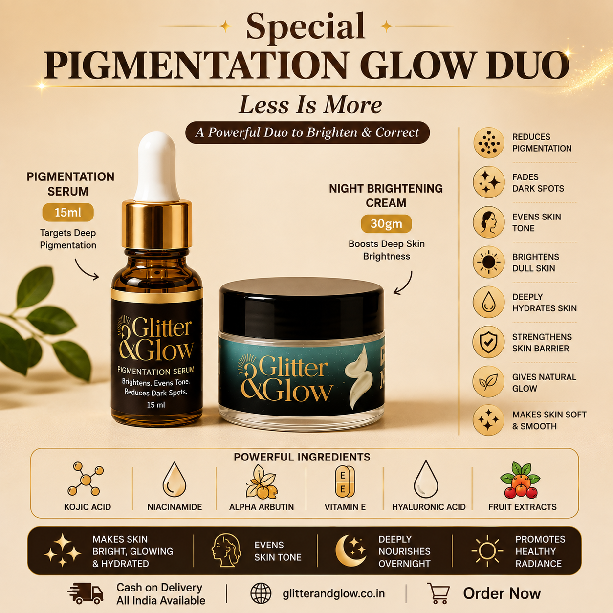 Pigmentation Glow Duo – Serum 15ml Night Cream 30gm + Strawberry lip balm free